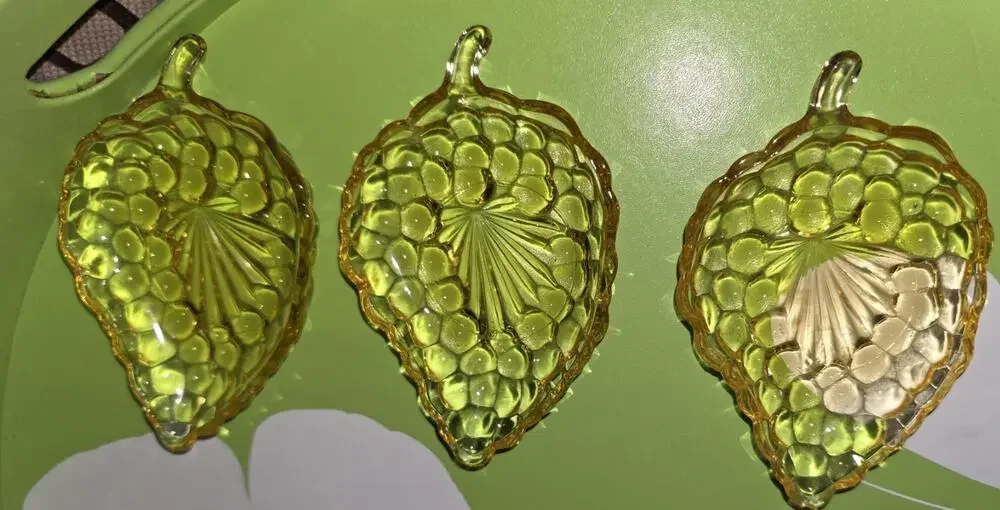 Lot of 3 Vintage Anchor Hocking Yellow Topaz Grape Leaf Bubble Glass Dishes 1940